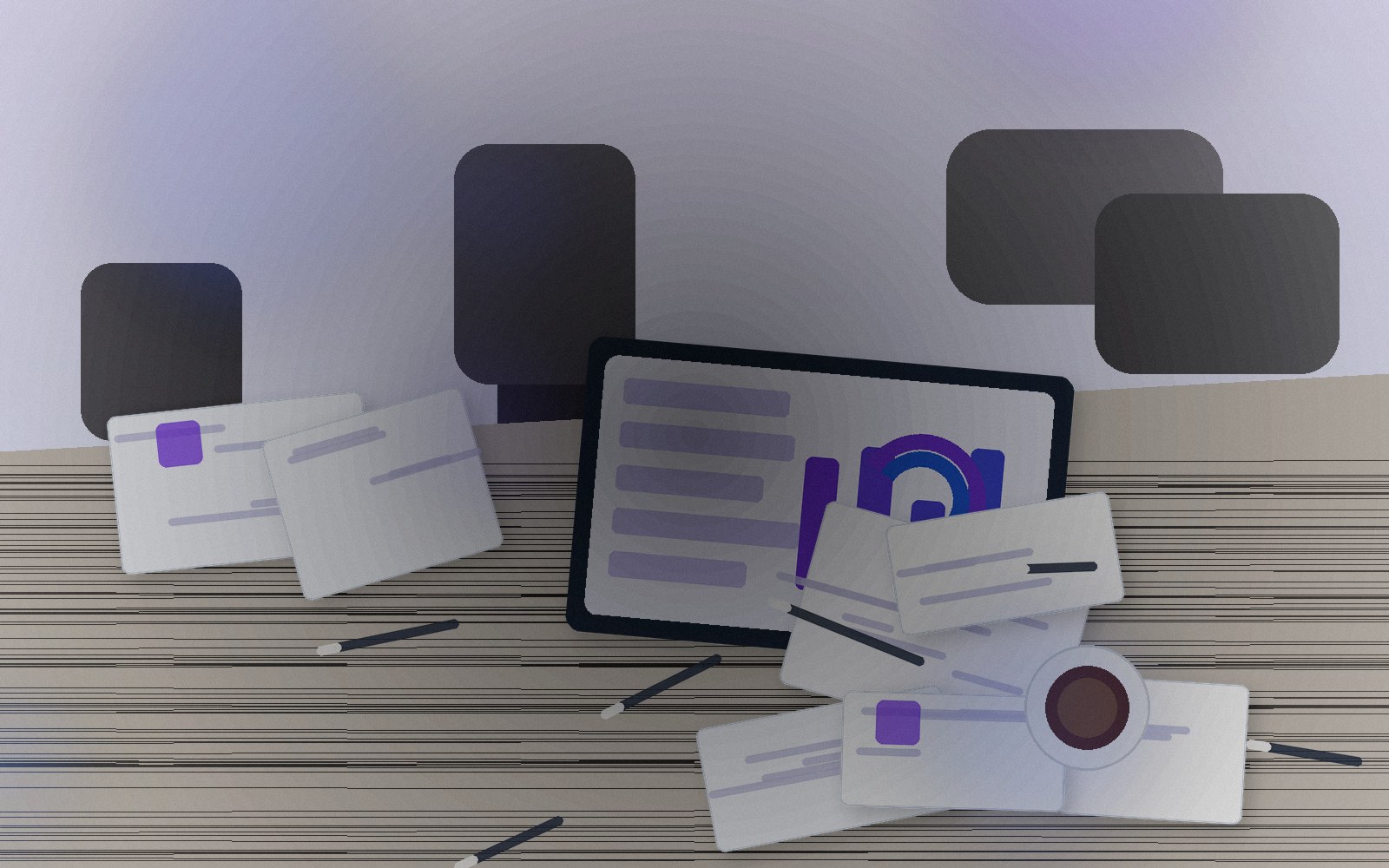 Vue de bureau avec documents, ordinateur et processus administratif